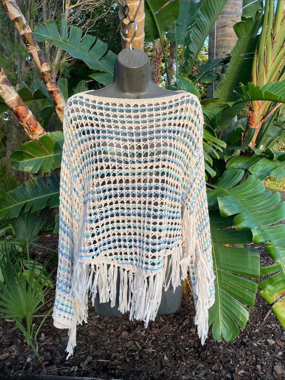 POL crochet, striped, and fringe oversized top